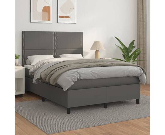 Pat box spring cu saltea, gri, 140x190 cm, piele ecologică