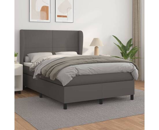 Pat box spring cu saltea, gri, 140x190 cm, piele ecologică