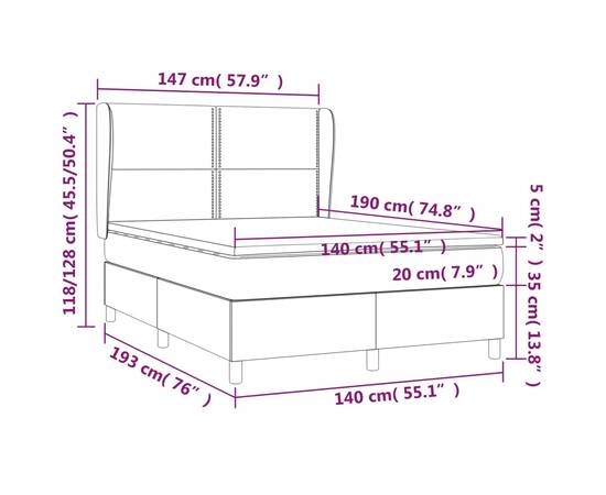 Pat box spring cu saltea, gri, 140x190 cm, piele ecologică, 7 image