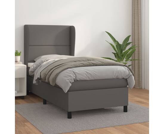 Pat box spring cu saltea, gri, 90x200 cm, piele ecologică