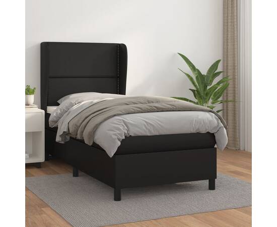 Pat continental cu saltea, negru, 80x200 cm, piele ecologică