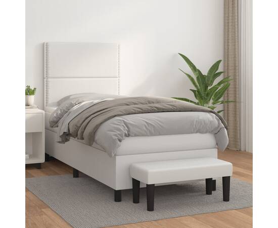 Pat box spring cu saltea, alb, 80x200 cm, piele ecologică