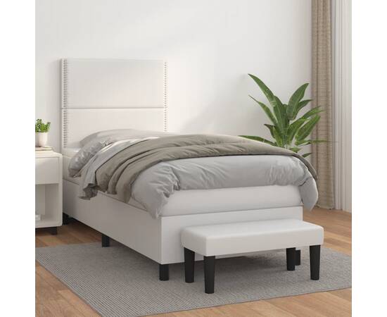 Pat box spring cu saltea, alb, 90x200 cm, piele ecologică