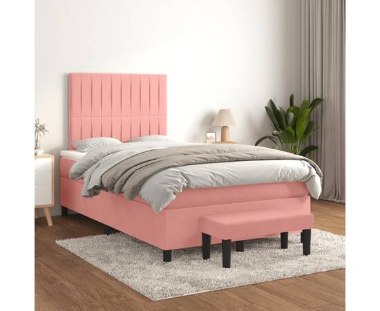 Pat box spring cu saltea, roz, 120x200 cm, catifea