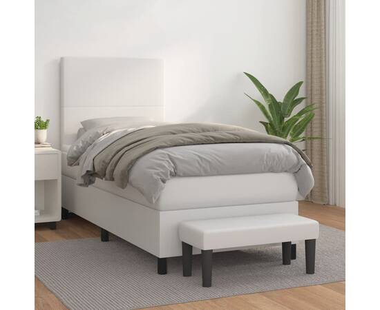 Pat box spring cu saltea, alb, 90x190 cm, piele ecologică