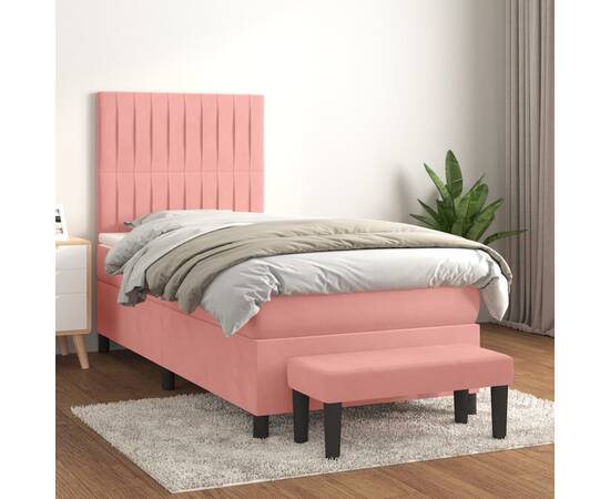 Pat box spring cu saltea, roz, 100x200 cm, catifea