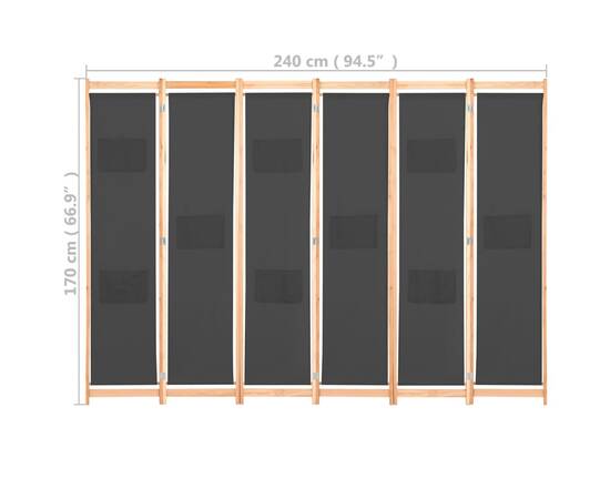 Paravan cameră, 6 panouri, gri, 240x170 x4 cm, material textil, 8 image