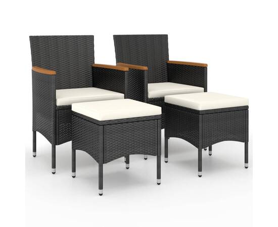 Set cu scaun de grădină și taburet, 4 piese, negru, poliratan, 2 image
