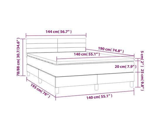 Pat continental cu saltea și led gri deschis 140x190 cm catifea, 8 image