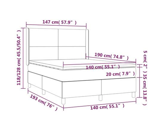 Pat cu arcuri, cu saltea și led, alb, 140x190 cm, piele eco, 8 image