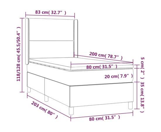 Pat cu arcuri, saltea și led, alb, 80x200 cm, piele ecologică, 8 image