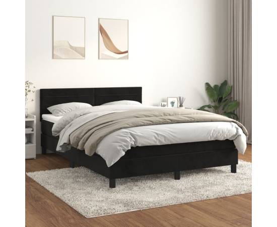 Pat box spring cu saltea, negru, 140x200 cm, catifea