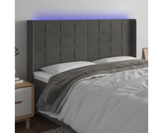 Tăblie de pat cu led, gri închis, 203x16x118/128 cm, catifea