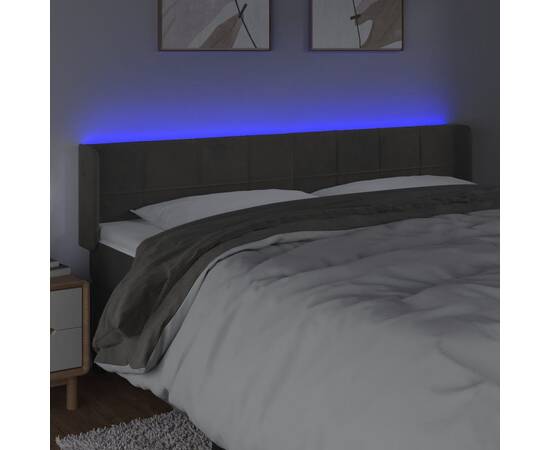Tăblie de pat cu led, gri închis, 203x16x78/88 cm, catifea, 4 image