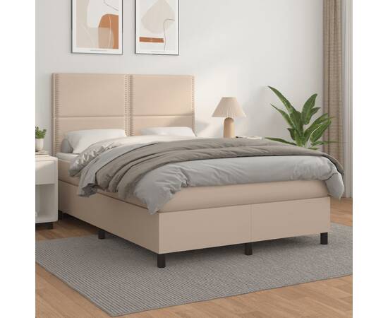 Pat box spring cu saltea, cappuccino, 140x200cm piele ecologică