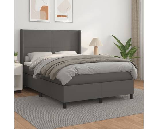 Pat box spring cu saltea, gri, 140x200 cm, piele ecologică