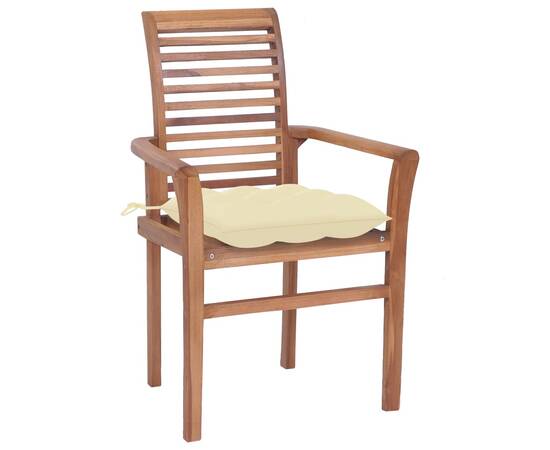Scaune de masă cu perne, 4 buc, alb crem, lemn masiv de tec, 3 image