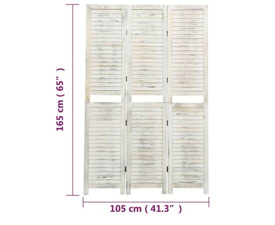 Paravan de cameră cu 3 panouri alb antichizat, 105x165 cm, lemn, 7 image