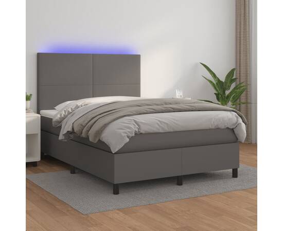 Pat cu arcuri, cu saltea & led, gri, 140x190 cm, piele eco