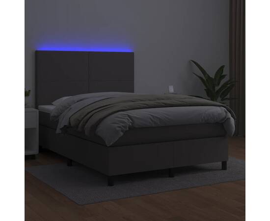 Pat cu arcuri, cu saltea & led, gri, 140x190 cm, piele eco, 4 image