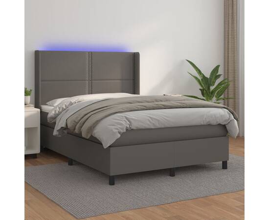 Pat cu arcuri, cu saltea & led, gri, 140x190 cm, piele eco