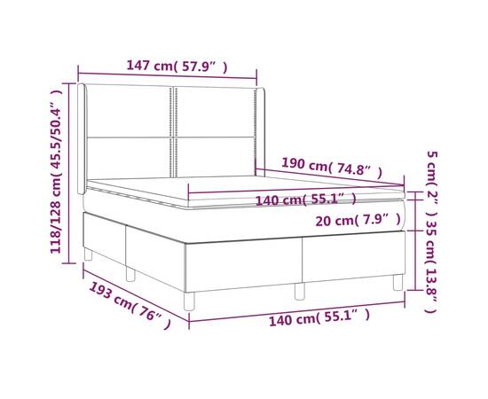 Pat cu arcuri, cu saltea & led, gri, 140x190 cm, piele eco, 8 image