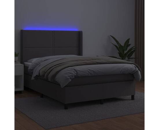 Pat cu arcuri, cu saltea & led, gri, 140x190 cm, piele eco, 3 image