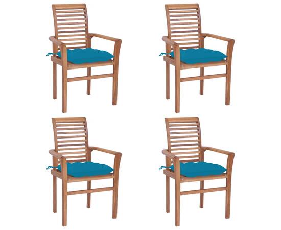 Scaune de masă, 4 buc, perne albastru deschis, lemn masiv tec