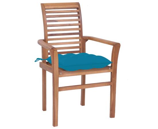 Scaune de masă, 4 buc, perne albastru deschis, lemn masiv tec, 2 image
