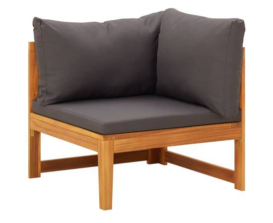 Canapea de colț cu perne gri închis, lemn masiv acacia