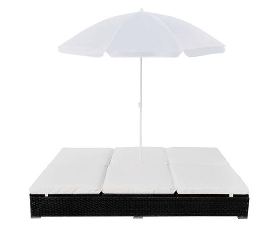 Pat șezlong de exterior cu umbrelă, negru, poliratan, 2 image