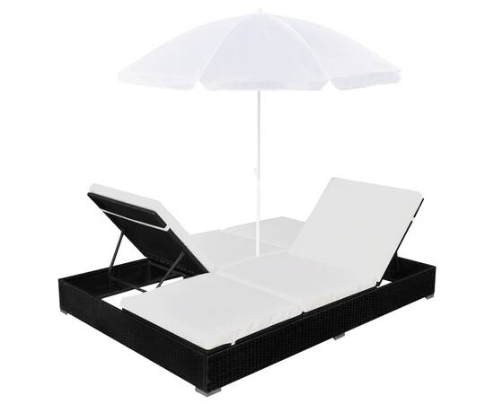 Pat șezlong de exterior cu umbrelă, negru, poliratan, 5 image