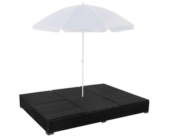 Pat șezlong de exterior cu umbrelă, negru, poliratan, 6 image