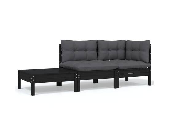 Set mobilier grădină cu perne, 3 piese, negru, lemn masiv pin