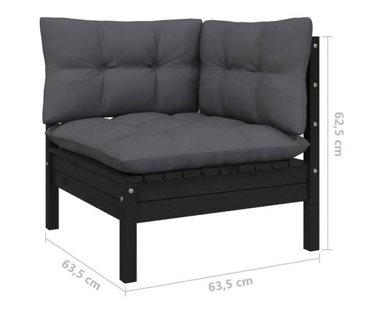 Set mobilier grădină cu perne, 3 piese, negru, lemn masiv pin, 9 image