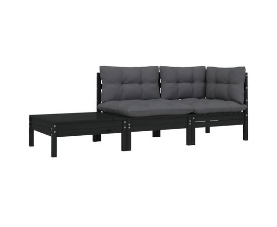 Set mobilier grădină cu perne, 3 piese, negru, lemn masiv pin, 2 image