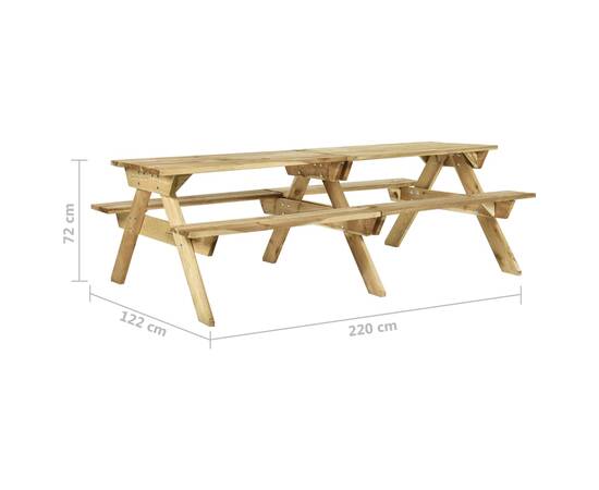 Masă de picnic cu bănci, 220x122x72 cm, lemn de pin tratat, 6 image