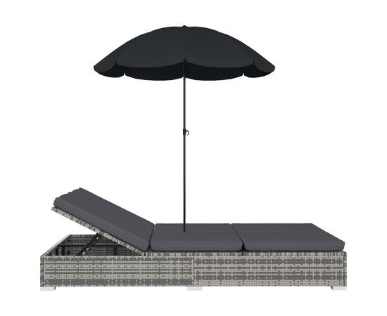 Pat șezlong de exterior cu umbrelă, gri, poliratan, 4 image