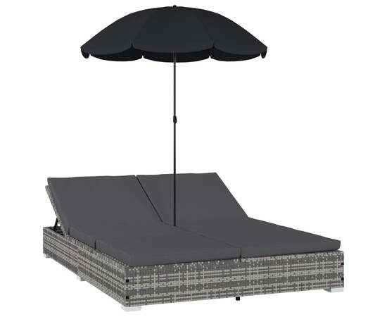 Pat șezlong de exterior cu umbrelă, gri, poliratan, 2 image