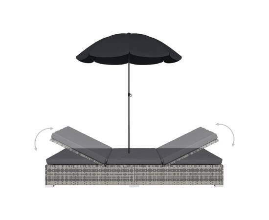 Pat șezlong de exterior cu umbrelă, gri, poliratan, 5 image