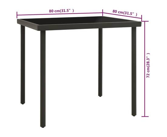 Masă de exterior, antracit, 80x80x72 cm, sticlă și oțel, 4 image