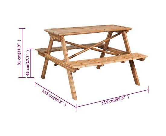 Masă de picnic, 115x115x81 cm, bambus, 6 image