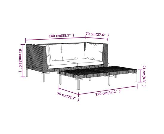 Set mobilier grădină,3 piese,gri închis,poliratan semi-rotund, 11 image