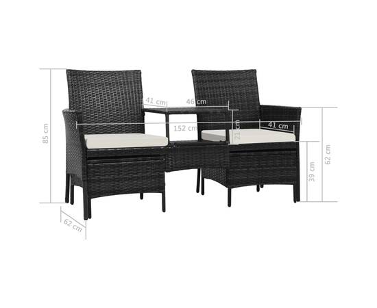 Canapea grădină cu 2 locuri cu masă & taburete, negru poliratan, 9 image