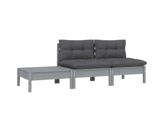 Set mobilier de grădină cu perne, 3 piese, gri, lemn masiv pin, 2 image