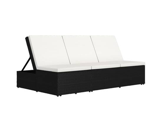 Șezlong tip pat rabatabil cu pernă, negru, poliratan, 3 image