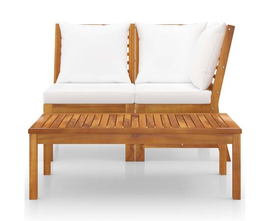 Set mobilier de grădină, 3 piese, perne crem, lemn masiv acacia, 2 image