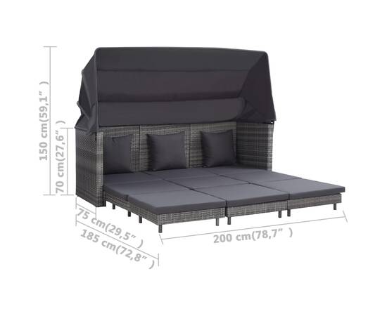 Canapea extensibilă cu 3 locuri cu acoperiș, gri, poliratan, 9 image