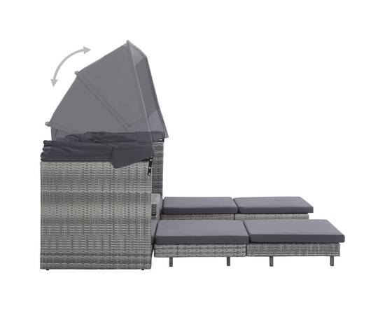 Canapea extensibilă cu 3 locuri cu acoperiș, gri, poliratan, 5 image