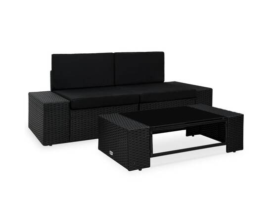 Set mobilier de grădină, 3 piese, negru, poliratan